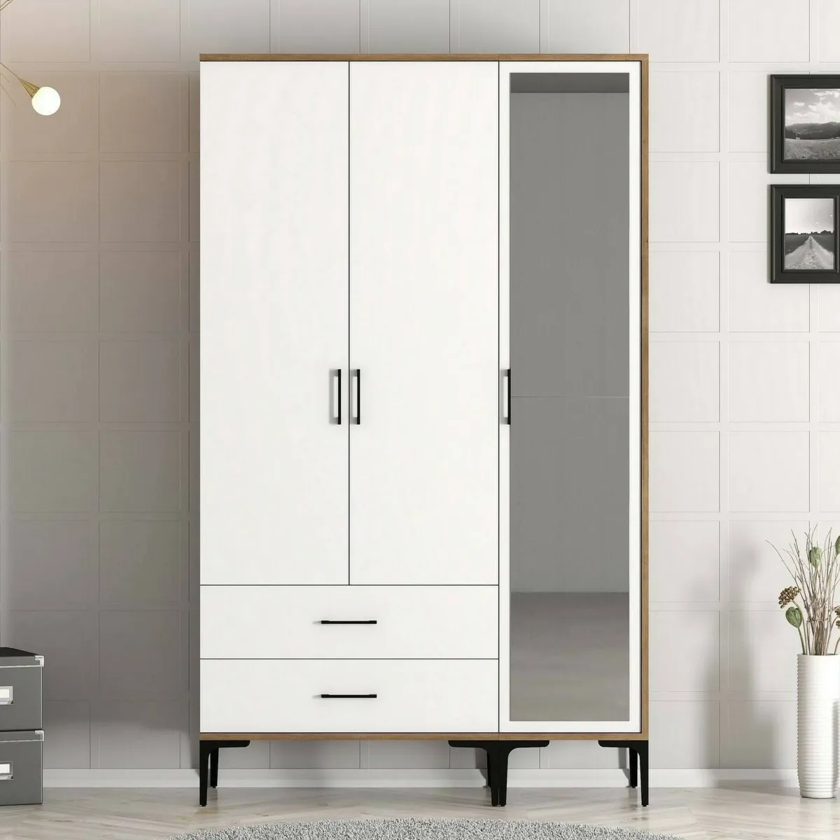 Guardaroba 3 Ante|Camera Da Letto > Dmora Guardaroba con appendiabiti noce e bianco 120x200h cm - Petroleuse Bianco, Marrone Noce
