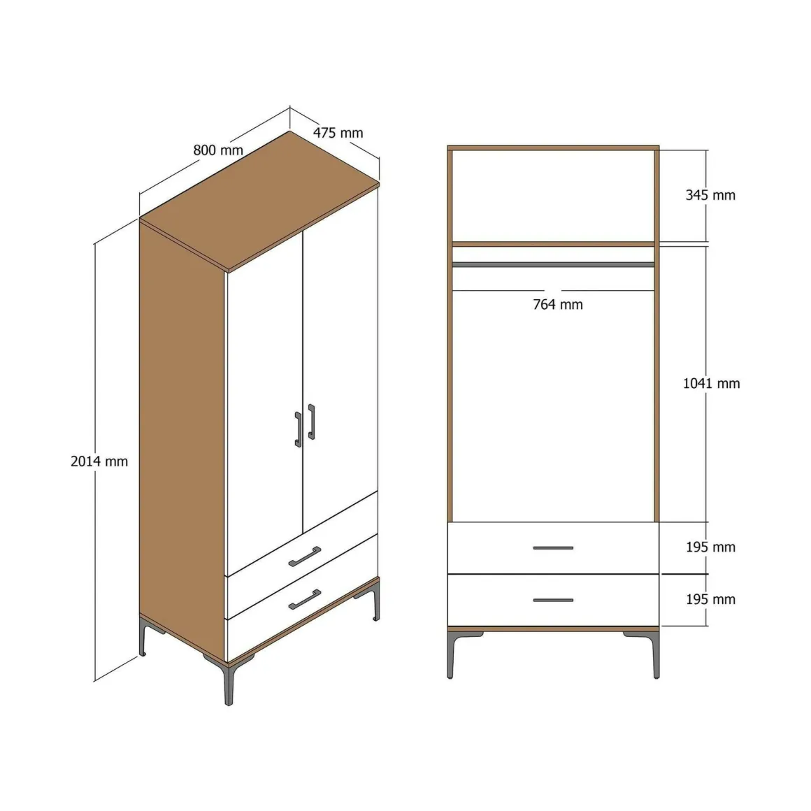 Guardaroba con cassetti noce e antracite 80x200h cm - Doriana