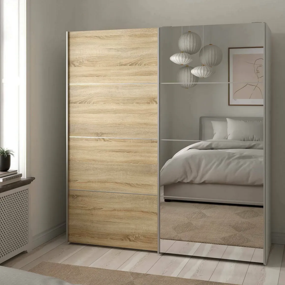 Guardaroba con specchio quercia e bianco 182x201h cm - Cerreto
