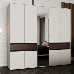 Altri Guardaroba > Dmora Guardaroba Grande Bianco Crema Marrone Noce un Cassetto 5 Ripiani 183x211h cm, Appendiabiti - Pai Marrone Noce, Bianco Crema