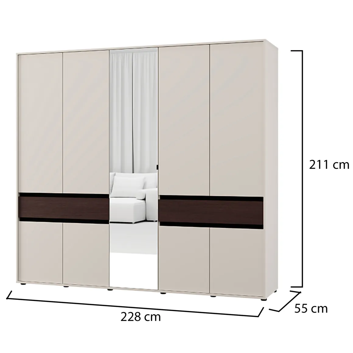 Guardaroba Grande Bianco Crema Marrone Noce 2 Cassetti 7 Ripiani 228x211h cm, Appendiabiti - Ubud