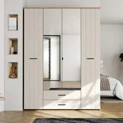 Altri Guardaroba > Dmora Guardaroba Grande Bianco Crema Marrone Rovere Nodi 2 Cassetti 4 Ripiani 179x226.5h cm, Appendiabiti - Merlino Marrone Rovere Nodi, Bianco Crema
