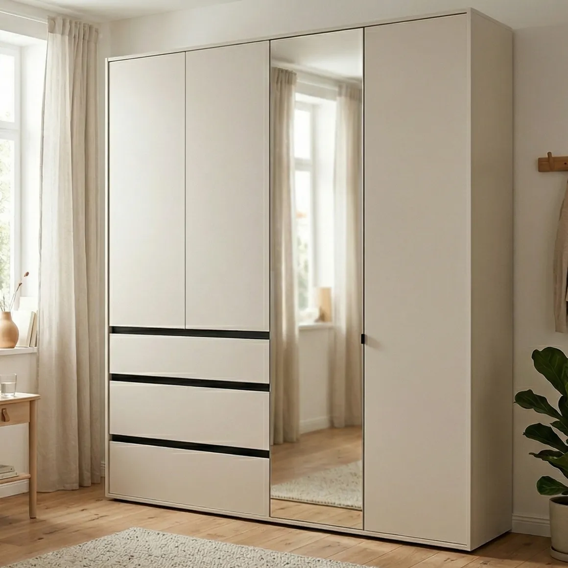 Guardaroba Grande Bianco Crema Nero 4 Ripiani 3 Cassetti 183x211h cm, Appendiabiti - Rifreddoo