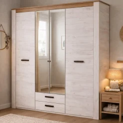 Altri Guardaroba > Dmora Guardaroba Grande Bianco Larice Marrone Noce 2 Cassetti 5 Ripiani 198.5x206.5h cm, Appendiabiti - Caiano Marrone Noce, Bianco Larice