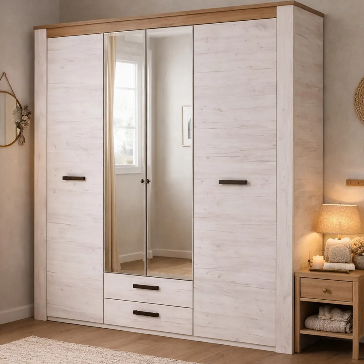 Altri Guardaroba > Dmora Guardaroba Grande Bianco Larice Marrone Noce 2 Cassetti 5 Ripiani 198.5x206.5h cm, Appendiabiti - Caiano Marrone Noce, Bianco Larice