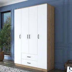Cabine Armadio|Altri Guardaroba > Dmora Guardaroba Grande Bianco Marrone Rovere 11 Ripiani Appendiabiti 45x205h cm, 4 Cassetti - Tequesta Marrone Rovere, Bianco