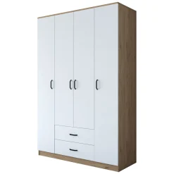 Cabine Armadio|Altri Guardaroba > Dmora Guardaroba Grande Bianco Marrone Rovere 11 Ripiani Appendiabiti 45x205h cm, 4 Cassetti - Tequesta Marrone Rovere, Bianco