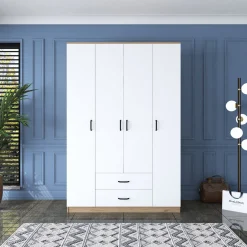 Cabine Armadio|Altri Guardaroba > Dmora Guardaroba Grande Bianco Marrone Rovere 11 Ripiani Appendiabiti 45x205h cm, 4 Cassetti - Tequesta Marrone Rovere, Bianco