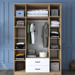 Cabine Armadio|Altri Guardaroba > Dmora Guardaroba Grande Bianco Marrone Rovere 11 Ripiani Appendiabiti 45x205h cm, 4 Cassetti - Tequesta Marrone Rovere, Bianco