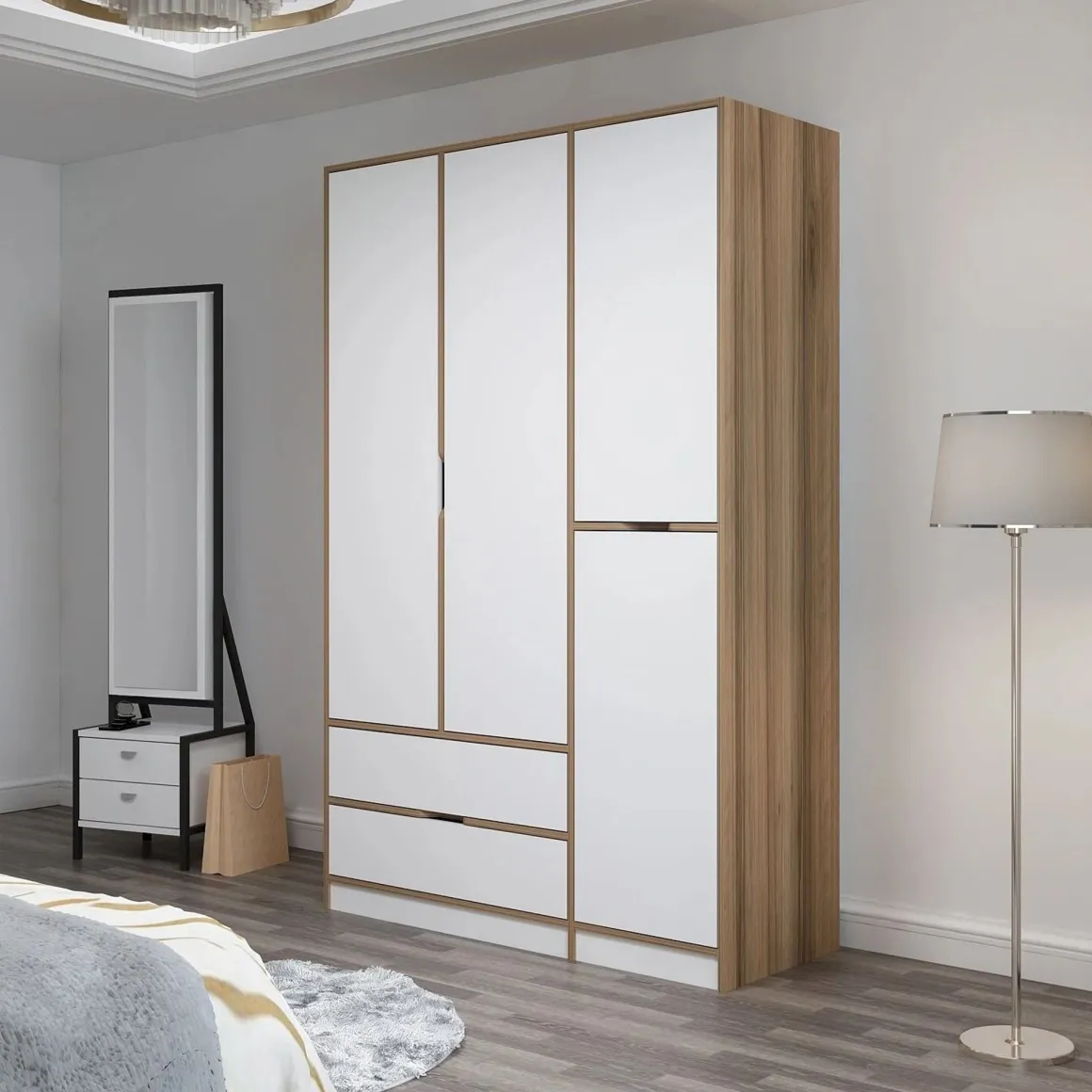 Guardaroba Grande Bianco Marrone Rovere 2 Cassetti Appendiabiti 140x208h cm, 3 Ripiani - Serle