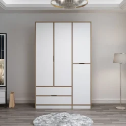 Guardaroba Grande Bianco Marrone Rovere 2 Cassetti Appendiabiti 140x208h cm, 3 Ripiani - Serle