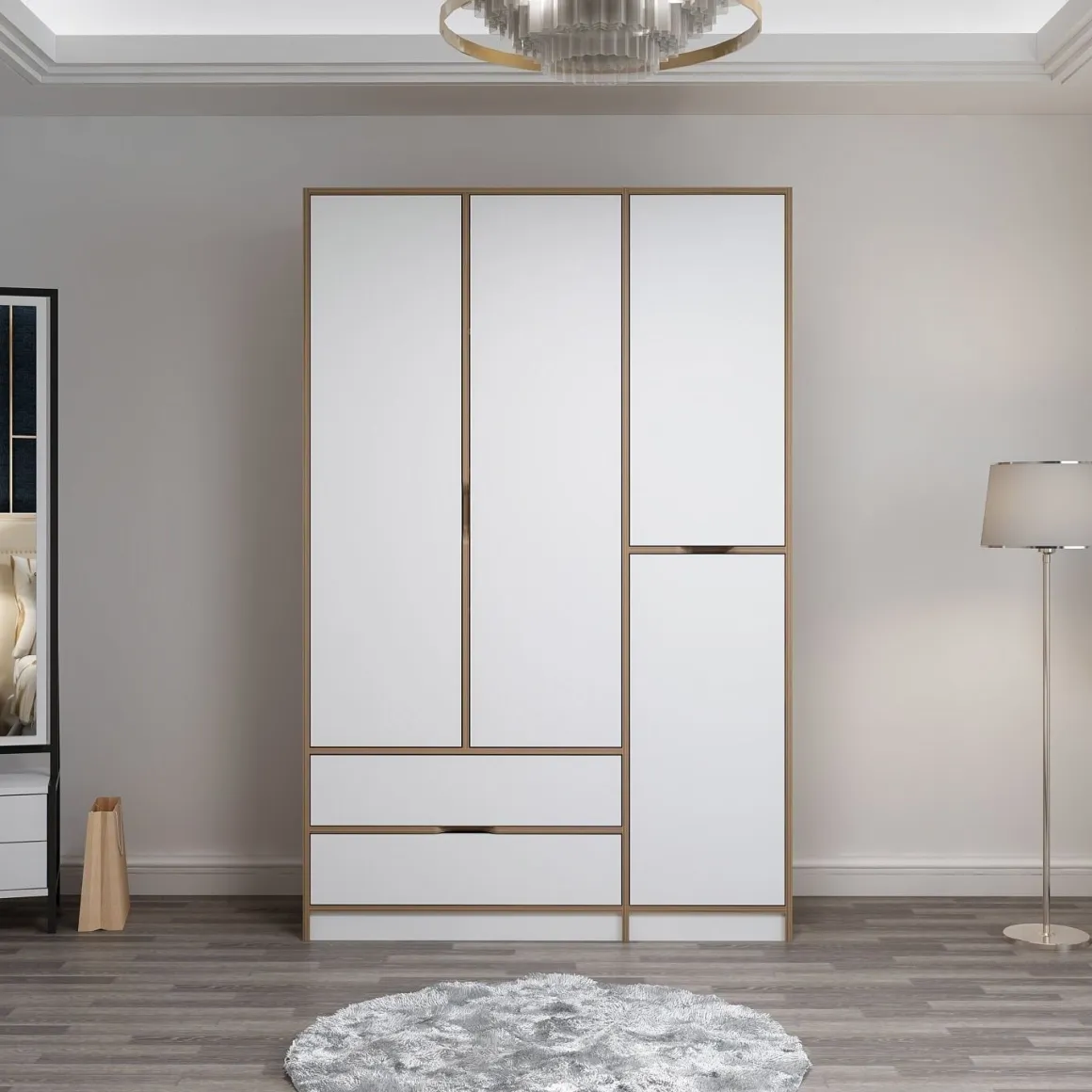 Guardaroba Grande Bianco Marrone Rovere 2 Cassetti Appendiabiti 140x208h cm, 3 Ripiani - Serle