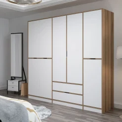 Altri Guardaroba > Dmora Guardaroba Grande Bianco Marrone Rovere 2 Cassetti Appendiabiti 277x253h cm, 4 Ripiani - Fissiraga Marrone, Bianco Rovere