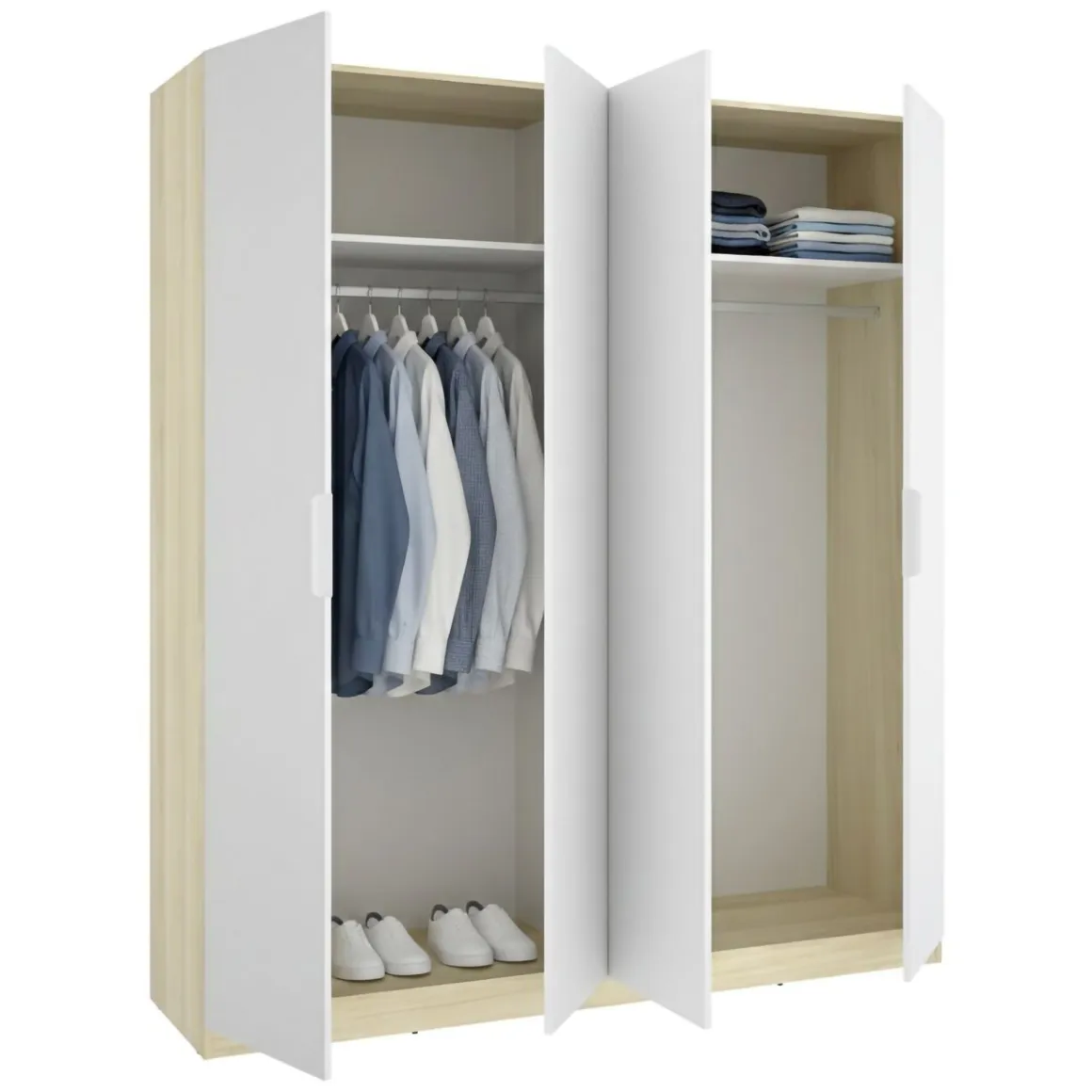 Altri Guardaroba > Dmora Guardaroba Grande Bianco Marrone Rovere 3 Ripiani 2 Cassetti 45x205h cm, Apertura Scorrevole - Claymont Marrone Rovere, Bianco