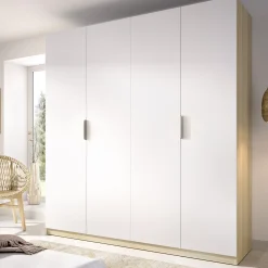 Altri Guardaroba > Dmora Guardaroba Grande Bianco Marrone Rovere 3 Ripiani 2 Cassetti 45x205h cm, Apertura Scorrevole - Claymont Marrone Rovere, Bianco