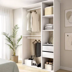 Guardaroba Grande Bianco Marrone Rovere 4 Ripiani Appendiabiti 45x205h cm, 2 Cassetti - Fellowship