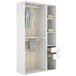 Guardaroba Grande Bianco Marrone Rovere 4 Ripiani Appendiabiti 45x205h cm, 2 Cassetti - Fellowship