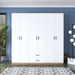 Guardaroba Grande Bianco Marrone Rovere 5 Ripiani 2 Cassetti 210x210h cm, Appendiabiti - Vandoies