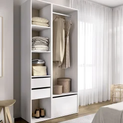 Cabine Armadio|Altri Guardaroba > Dmora Guardaroba Grande Bianco Marrone Rovere 7 Ripiani Appendiabiti 45x205h cm, 4 Cassetti - Bellwood Marrone Rovere, Bianco