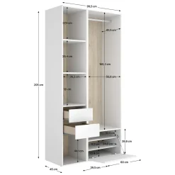 Cabine Armadio|Altri Guardaroba > Dmora Guardaroba Grande Bianco Marrone Rovere 7 Ripiani Appendiabiti 45x205h cm, 4 Cassetti - Bellwood Marrone Rovere, Bianco