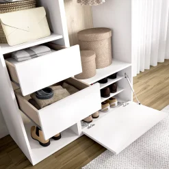Cabine Armadio|Altri Guardaroba > Dmora Guardaroba Grande Bianco Marrone Rovere 7 Ripiani Appendiabiti 45x205h cm, 4 Cassetti - Bellwood Marrone Rovere, Bianco