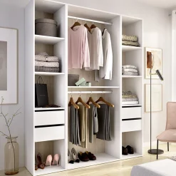 Guardaroba Grande Bianco Marrone Rovere 7 Ripiani Appendiabiti 45x205h cm, 4 Cassetti - Gardiner
