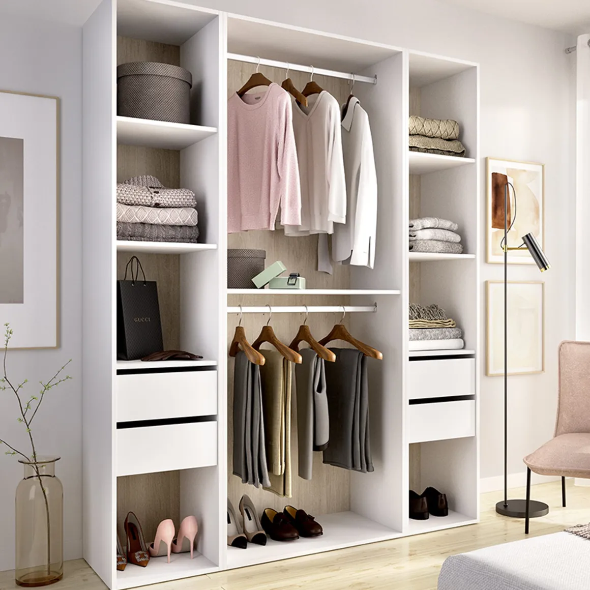 Altri Guardaroba > Dmora Guardaroba Grande Bianco Marrone Rovere Appendiabiti 14 Ripiani 180x191h cm, Apertura Battente - Postua Marrone, Bianco Rovere