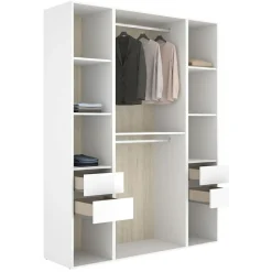 Guardaroba Grande Bianco Marrone Rovere 7 Ripiani Appendiabiti 45x205h cm, 4 Cassetti - Gardiner