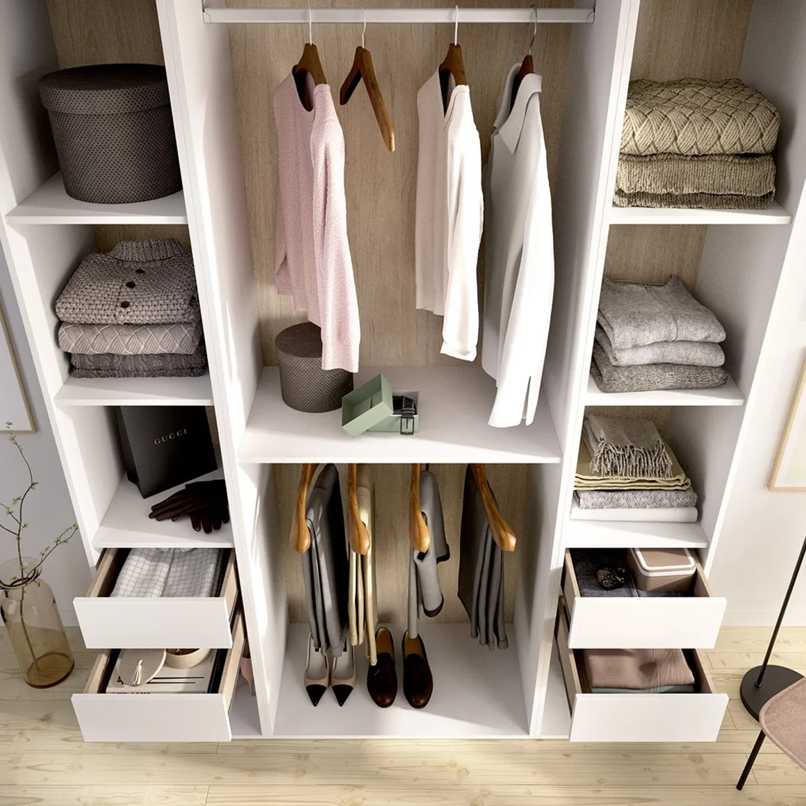 Altri Guardaroba > Dmora Guardaroba Grande Bianco Marrone Rovere Appendiabiti 14 Ripiani 180x191h cm, Apertura Battente - Postua Marrone, Bianco Rovere