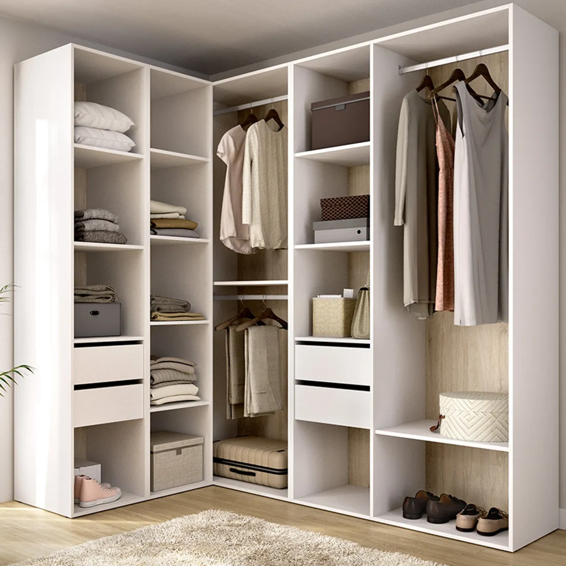 Cabine Armadio|Altri Guardaroba > Dmora Guardaroba Grande Bianco Marrone Rovere Modulabile 13 Ripiani 186x205h cm, Appendiabiti - Yancy Marrone Rovere, Bianco