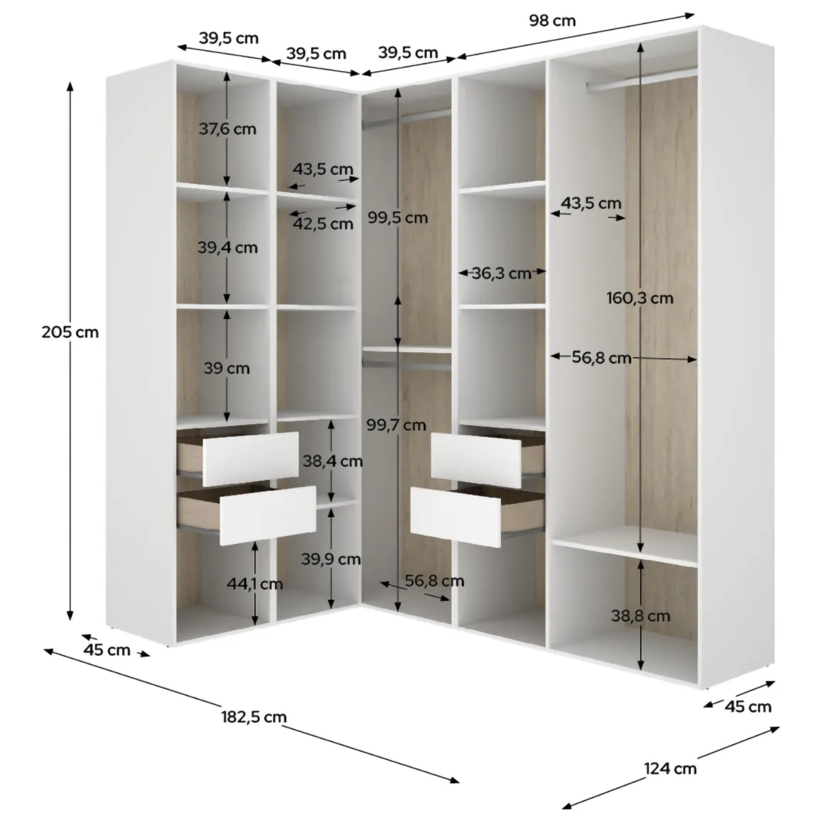 Cabine Armadio|Altri Guardaroba > Dmora Guardaroba Grande Bianco Marrone Rovere Modulabile 13 Ripiani 186x205h cm, Appendiabiti - Yancy Marrone Rovere, Bianco