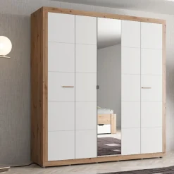 Altri Guardaroba > Dmora Guardaroba Grande Bianco Opaco Marrone Rovere Nodi 2 Cassetti 2 Ripiani 155x208h cm, Appendiabiti - Sayul Marrone Rovere nodi, Bianco Opaco