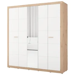 Altri Guardaroba > Dmora Guardaroba Grande Bianco Opaco Marrone Rovere Nodi 2 Cassetti 2 Ripiani 155x208h cm, Appendiabiti - Sayul Marrone Rovere nodi, Bianco Opaco