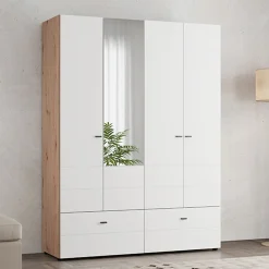 Altri Guardaroba > Dmora Guardaroba Grande Bianco Opaco Marrone Rovere Nodi 3 Cassetti 3 Ripiani 155x208h cm, Appendiabiti - Ushuaia Marrone Rovere nodi, Bianco Opaco