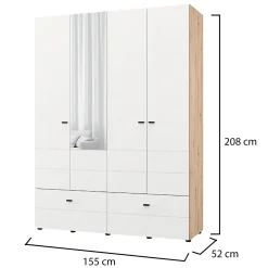 Altri Guardaroba > Dmora Guardaroba Grande Bianco Opaco Marrone Rovere Nodi 3 Cassetti 3 Ripiani 155x208h cm, Appendiabiti - Ushuaia Marrone Rovere nodi, Bianco Opaco