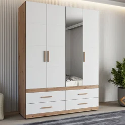 Altri Guardaroba > Dmora Guardaroba Grande Bianco Opaco Marrone Rovere Nodi Appendiabiti 4 Ripiani 156x208h cm, 6 Vani - Pushka Marrone Rovere nodi, Bianco Opaco