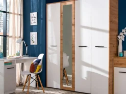Guardaroba Grande Bianco Opaco Marrone Rovere Nodi Appendiabiti 5 Ripiani 157.5x203.5h cm, 4 Ante - Monvalle