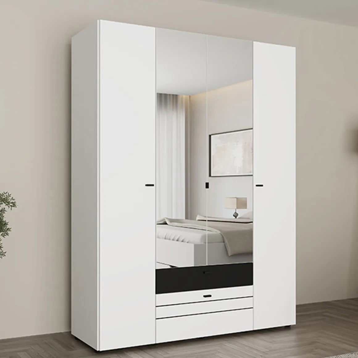 Guardaroba Grande Bianco Opaco Nero 6 Ripiani 2 Cassetti 155x208h cm, Appendiabiti - Watamu