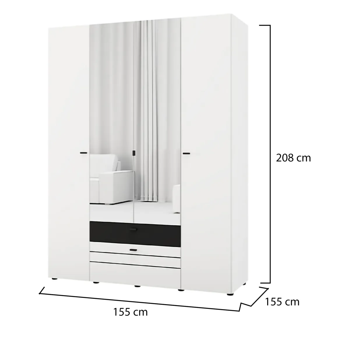 Guardaroba Grande Bianco Opaco Nero 6 Ripiani 2 Cassetti 155x208h cm, Appendiabiti - Watamu