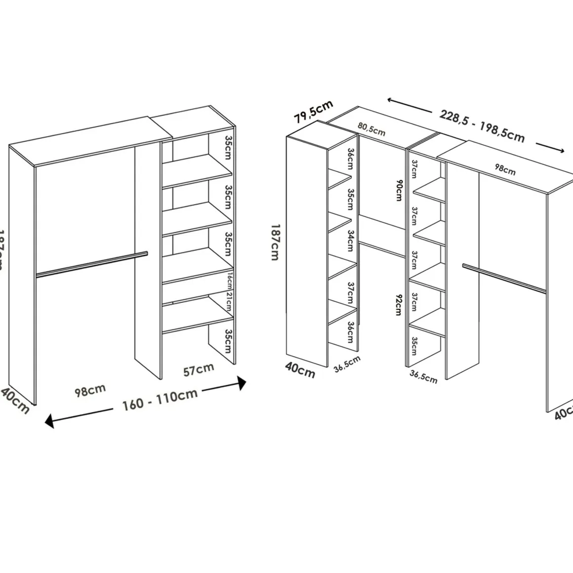 Altri Guardaroba > Dmora Guardaroba Grande 13 Ripiani Appendiabiti 369x187h cm, Modulabile - Comano Bianco