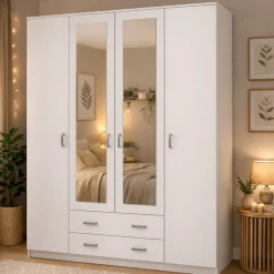 Guardaroba Grande Bianco 9 Ripiani Appendiabiti 160x205h cm, Apertura Battente e Scorrevole - Miazzina