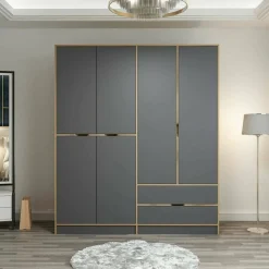 Altri Guardaroba > Dmora Guardaroba grande in legno nero e oro 185x208h cm - Odalys Marrone Noce, Nero Antracite