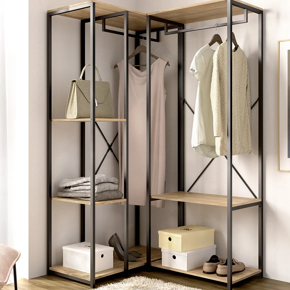 Cabine Armadio|Altri Guardaroba > Dmora Guardaroba Grande Marrone Rovere Nero 4 Ripiani Appendiabiti 40x167h cm, Cassetti - Fairfax Nero, Marrone Rovere