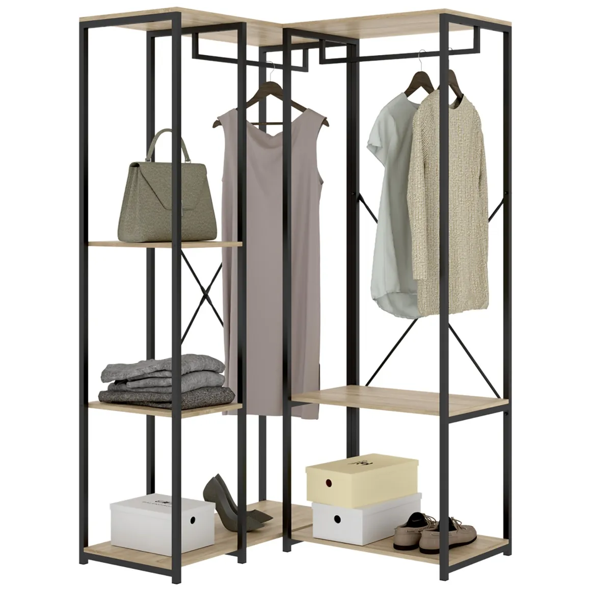 Cabine Armadio|Altri Guardaroba > Dmora Guardaroba Grande Marrone Rovere Nero 4 Ripiani Appendiabiti 40x167h cm, Cassetti - Fairfax Nero, Marrone Rovere