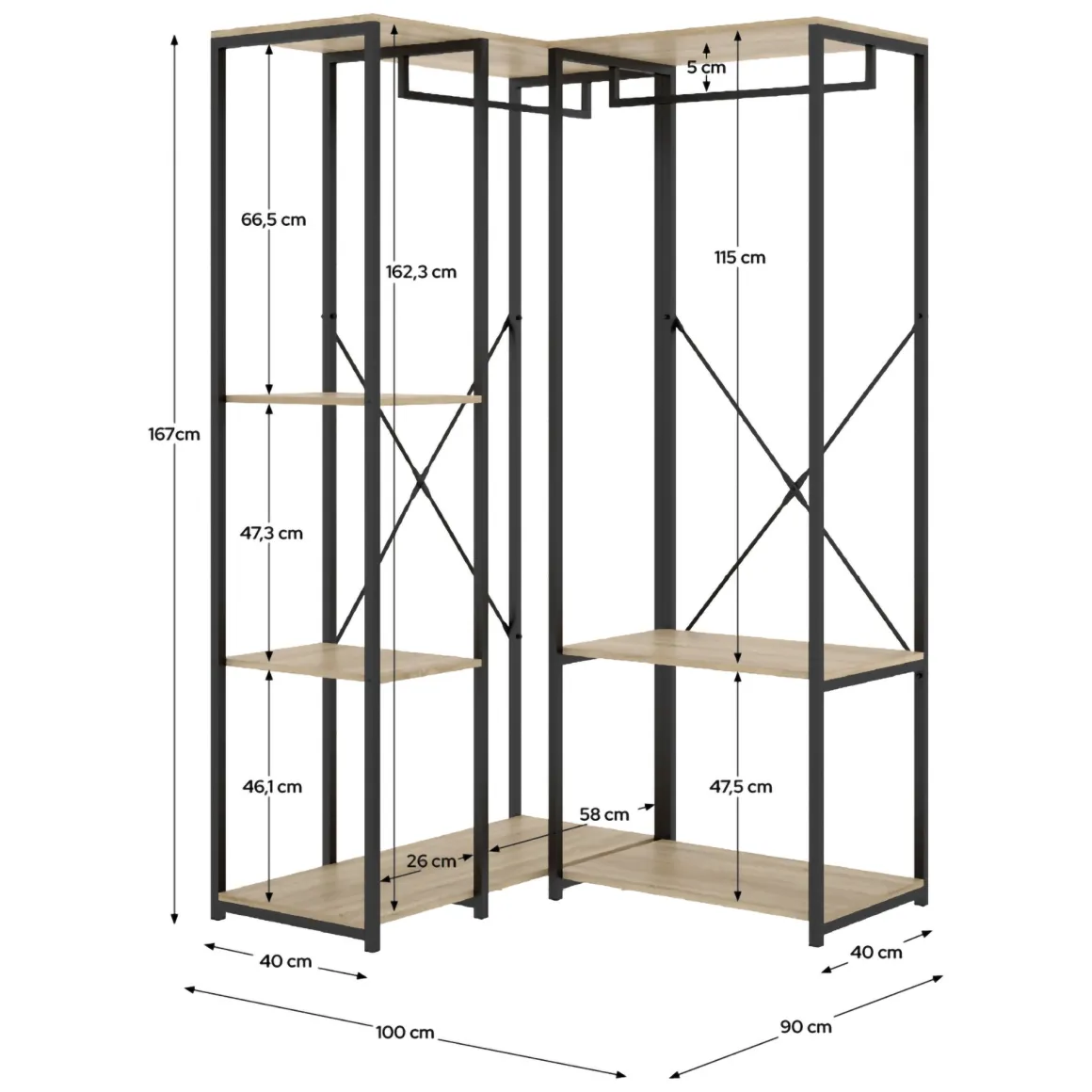 Cabine Armadio|Altri Guardaroba > Dmora Guardaroba Grande Marrone Rovere Nero 4 Ripiani Appendiabiti 40x167h cm, Cassetti - Fairfax Nero, Marrone Rovere