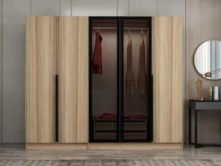 Guardaroba Grande Marrone Rovere Nero Fume Appendiabiti 6 Ripiani 225x210h cm, 5 Ante - Sinibalda