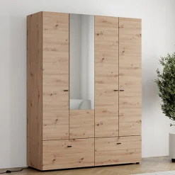 Altri Guardaroba > Dmora Guardaroba Grande Marrone Rovere Nodi Nero 4 Ripiani 3 Cassetti 183x211h cm, Appendiabiti - Rifreddoo Nero, Marrone Rovere Nodi