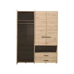 Guardaroba Grande Marrone Rovere Nodi Nero 5 Ripiani 3 Cassetti 161x205.5h cm, Appendiabiti - Teana