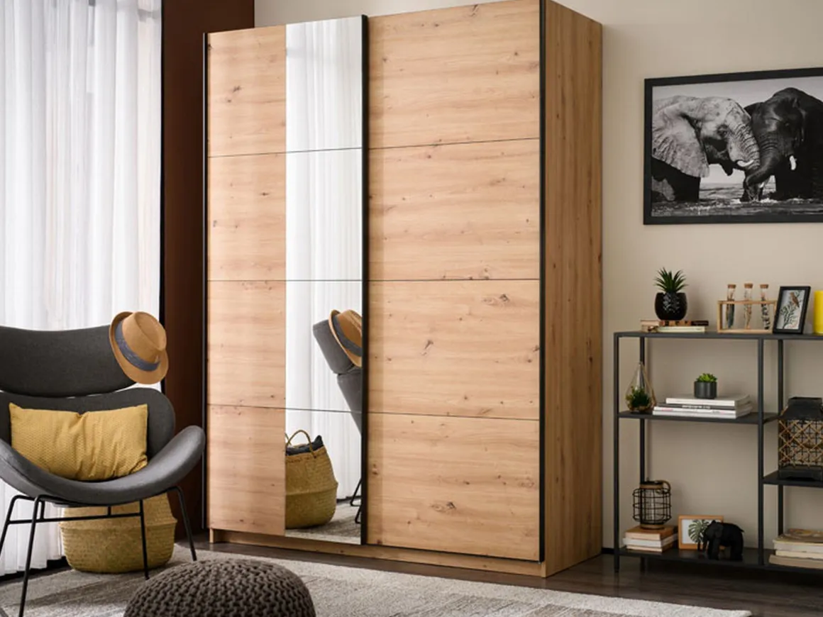 Altri Guardaroba > Dmora Guardaroba Grande Marrone Rovere Nodi Nero Appendiabiti 2 Ripiani 145.5x217.5h cm, Apertura Scorrevole - Vialone Nero, Marrone Rovere Nodi