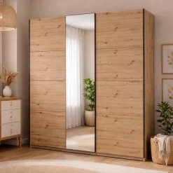 Altri Guardaroba > Dmora Guardaroba Grande Marrone Rovere Nodi Nero Appendiabiti 2 Ripiani 195x217.5h cm, Apertura Scorrevole - Siri Nero, Marrone Rovere Nodi